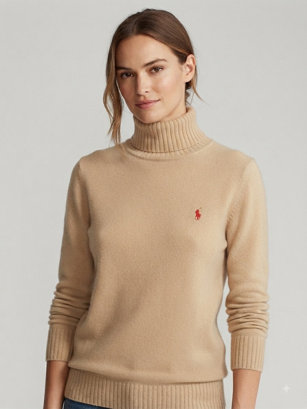 Ralph Lauren Tan Turtleneck Sweater with Red Polo Emblem